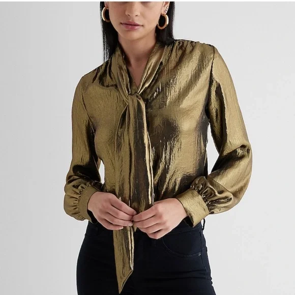 Express Tops Express Satin Metallic Gold Long Sleeve Tie Neck